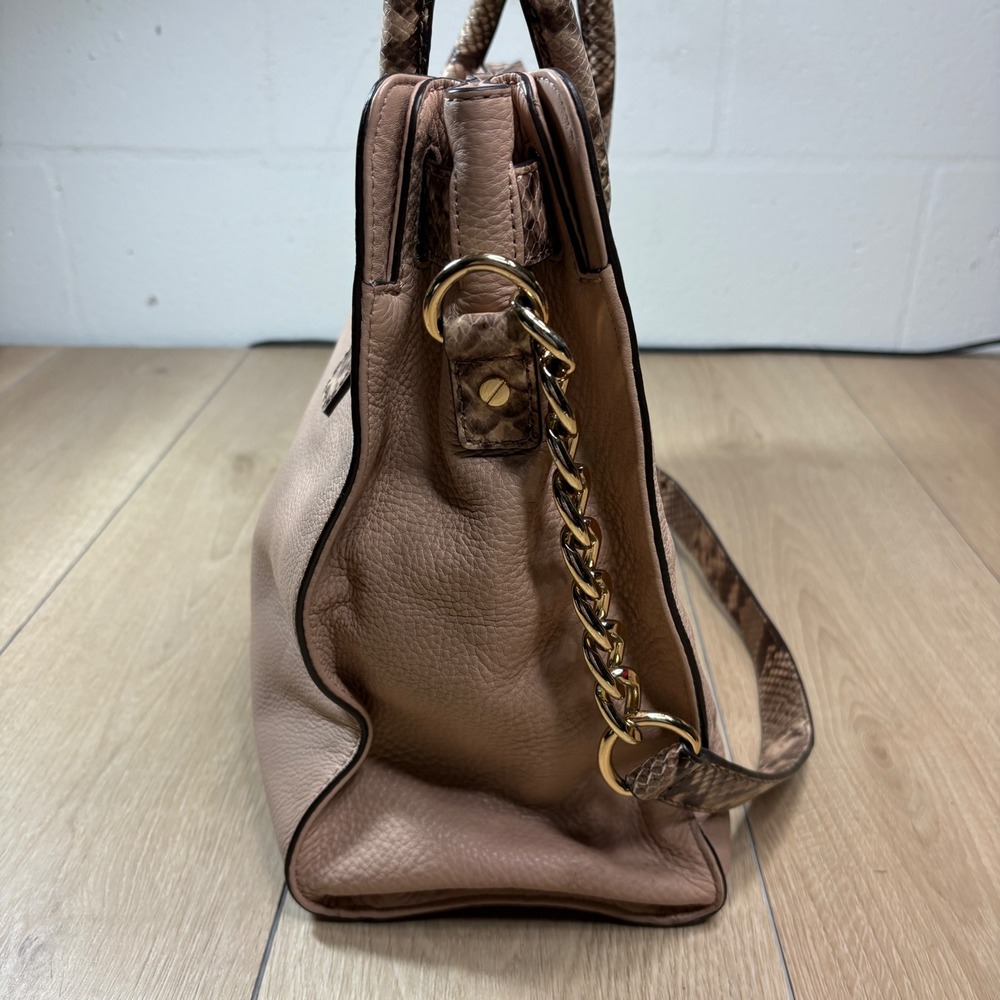 Michael Kors Hamilton Pebbled Leather Snakeskin Trim Tote Bag Beige Gold - Picture 3 of 12